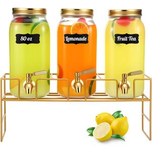 3 Pack 80 oz Glass Beverage Dispenser with Stand Clear Mason Jar Water Dispenser for Party, Fridge Includes Leakproof Stainless Steel Spigot, Black Lid and Label (Gold)