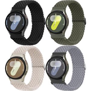 One Click Braided Bands for Samsung Galaxy Watch 7 6 5 4 Band 40mm 44mm/Watch 6 4 Classic 47mm 43mm 46mm 42mm/Watch 5 Pro 45mm,No Gap Stretchy Elastic Fabric Nylon Strap for Samsung Watch 4 5 6 7 FE (02-Black/Starlight/Military Green/Grey)