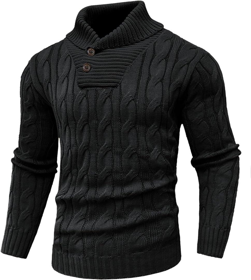 Men's Casual Knit Fisherman Sweaters Fall Winter Sweater V-Neck Cable Pullover Warm Knit Sweater for Men (Large, Black)