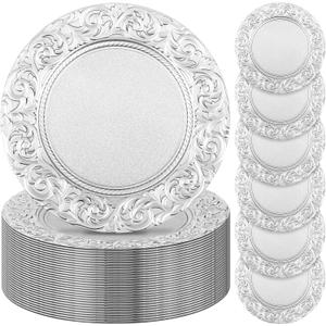Zhehao 50 Pcs Antique Charger Plates Bulk 13 Inch Embossed Rim Plastic Decorative Round for Dinner Wedding Party Event Table Setting Decoration(Silver White)