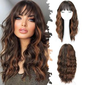 Brown Highlight Medium Long Wavy Wigs for Women 20inch Highlight Brown Wig with Bangs-Shoulder Length Wavy Curly Synthetic Heat Resistant Fiber Full Hair For Daily Use