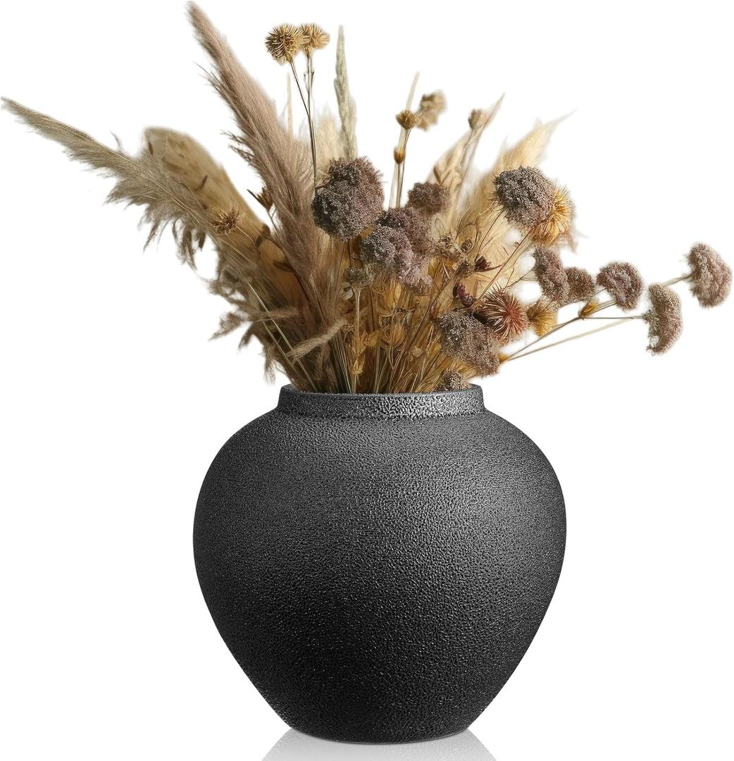 Mimorou Black Ceramic Decorative Flower Vase 8.27" x 8.66" Textured Round Rustic Pottery Vintage Large Vase for Home Decor Centerpieces Living Room Christmas Decoration