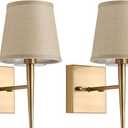 EFINEHOME Set of 2 Mid-Century Modern Wall Sconce with Fabric Shade| 1-Light Antique Gold Indoor Wall Lamp Fixture| Hallway Bathroom Vanity Light Sconces Mirror Cabinet Stairway Wall Lights (Linen)