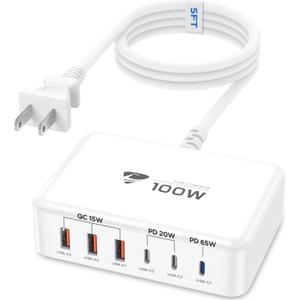 100W USB C Fast Charger Station 6 Ports (One Port 65W Max) Charging Block for Multiple Devices USB Wall Plug Charger Block for iPhone, iPad, Samsung, MacBook, Tablet, Laptop, 5FT Cord