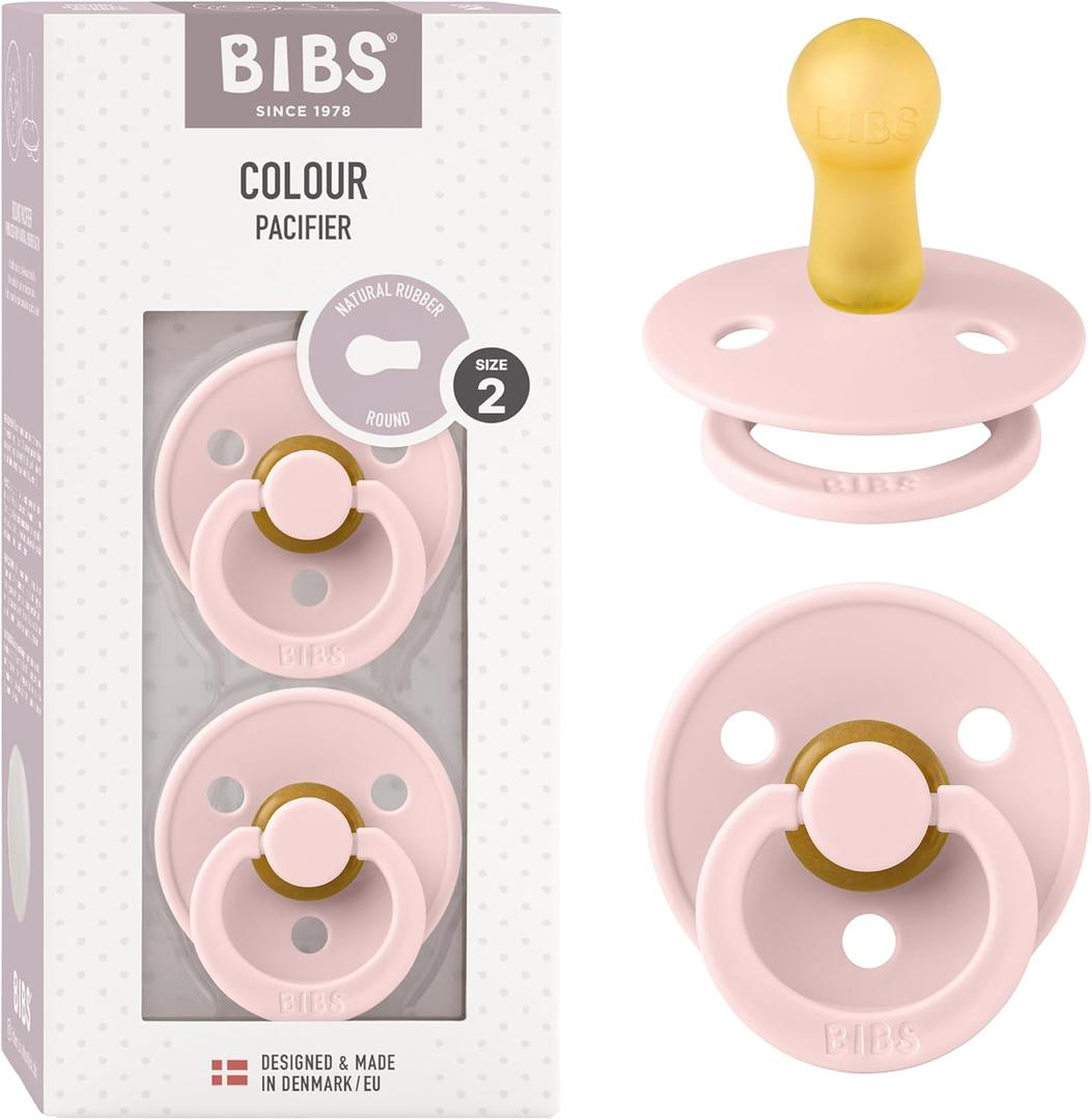 Bibs Pacifiers Color Collection, Set of 2 BPA-Free Latex Pacifiers Made in Europe, Round Nipple Baby Pacifier. (0+ Month (Pack of 2), Blossom)