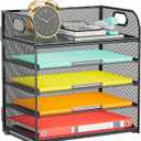 Paper Organizer Letter Tray with Handle, 5-Tier Black Stackable Desk Organizer with Metal Mesh, Sturdy Paper Tray for Office Desk, Home & Classroom Supplies Storage (12.6" x 9.1" x 13.4")