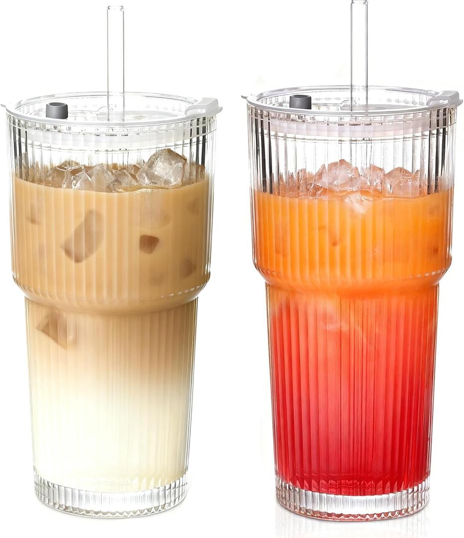 20OZ Glass Tumbler with Straw and Lid, Glass Cups with Lids and Straws,2PCS Ribbed Iced Coffee Cups Vintage Glassware for Juice Whiskey Cocktail Beer