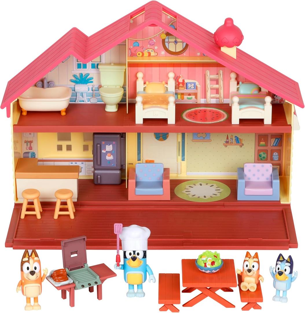 Bluey Mega Bundle Family Home & BBQ Playset, 4 Figures (Bluey, Bingo, Bandit, Chilli), 13+ Removable Furniture Pieces, Outdoor Patio, Accessories, Imaginative Playset for Kids 3+