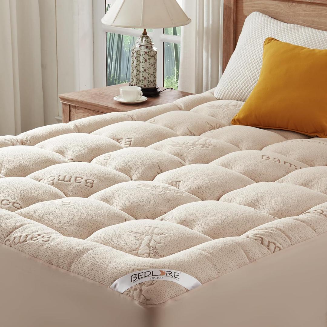 BEDLORE King Mattress Topper Viscose Derived from Bamboo, Thick Pillow Top Mattress Pad with Stretchable Pockets for 6"-18" Mattress, Soft Breathable Mattress Topper for Back Pain Relief (Beige)