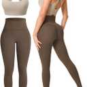 Workout Sets for Women 2 Piece Seamless High-Waisted Leggings & Cross Back Padded Sports Bra for Yoga Pilates (Medium, Light Khaki / Khaki)