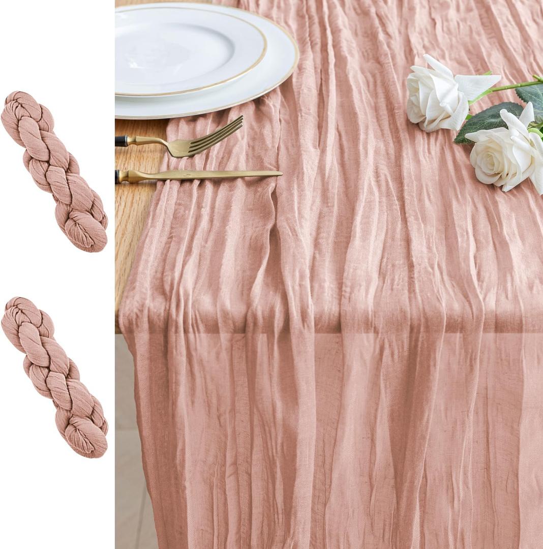 2PCS Table Runner Cheesecloth 10FT Dusty Pink Boho Gauze Cheese Cloth Rustic Sheer Table Runners for Easter Wedding Bridal Baby Shower Party Decoration