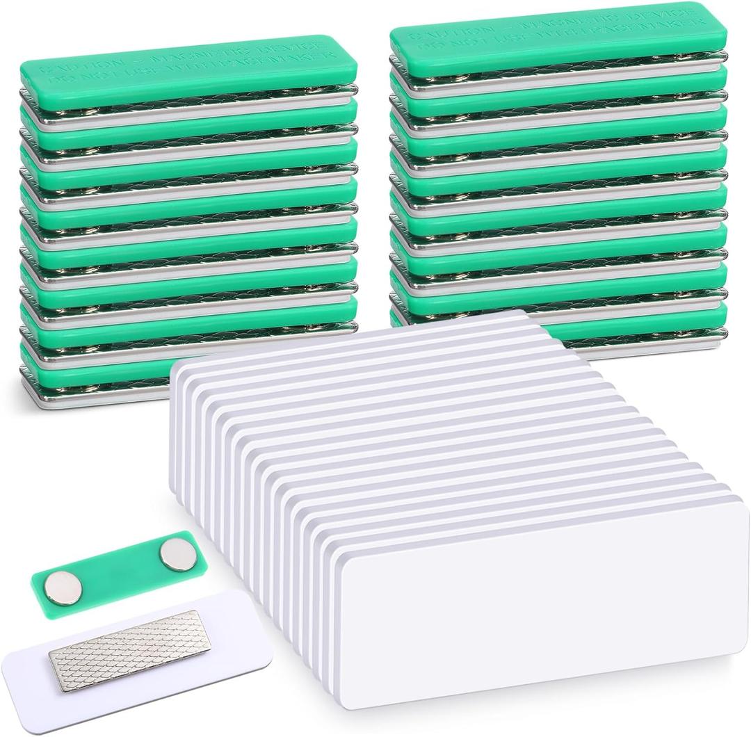 Chinco 50 Packs Magnetic Name Tags Blank DIY Name Tag Badge Holders with Magnetic Backing White Round Corners and Plastic Blank Badge for Personalized Shirts Office School, 1 x 3 Inches (Green)