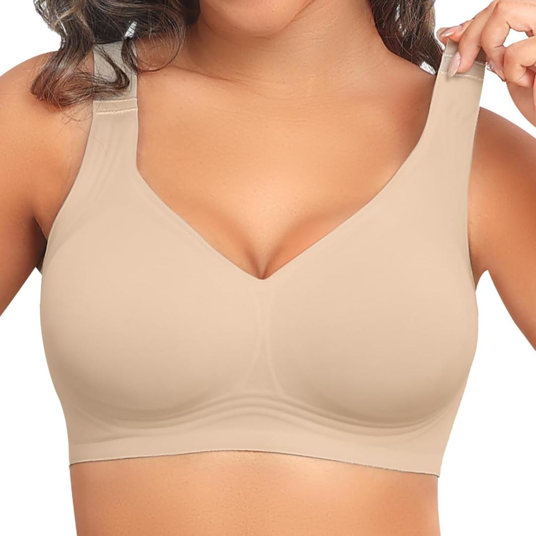 PoseFree Womens Seamless Wireless Supportive Bra Push Up Comfort Soft No Underwire Full Coverage T-Shirt Bra (XL)