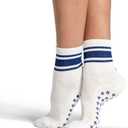Kamo Fitness Pilates Socks with Grips for Women - Non-Slip Yoga, Barre Grip Sock - Grippy Cotton Crew Socks for Pilates, Yoga, Ballet, Reformer (White & Navy Touch, One Size)