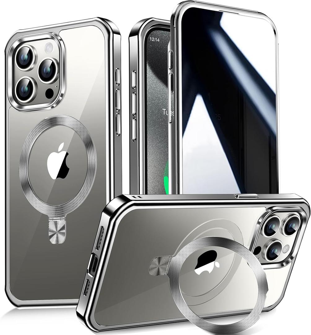 [CD Metal Ring Stand + Built-in Privacy Screen Protector] Magnetic Case for iPhone 15 Pro Max[Soft Bumper Full Signal][Compatible with MagSafe]9H Glass Full Body Shockproof Clear Case,Natural Titanium