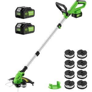 20V 12" Cordless String Trimmer With 2 X 4.0ah Battery and Charger, Electric Grass Trimmer Battery Powered Eater String, Edger Lawn Tool Grass Cutter With 8pcs Line, Lawn Mover For Yard, Garden, Green