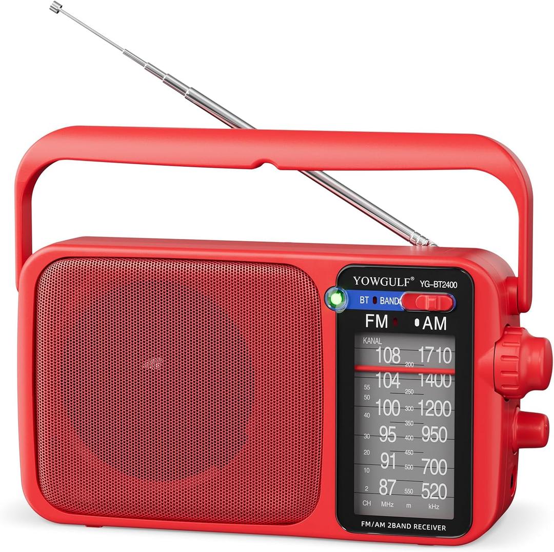 YOWGULF AM FM Radio with Best Reception,Bluetooth Portable AM FM Transistor,Battery Operated Radios or AC Power,Large Dial,Headphone Jack, Gifts for Seniors Elderly (Red)