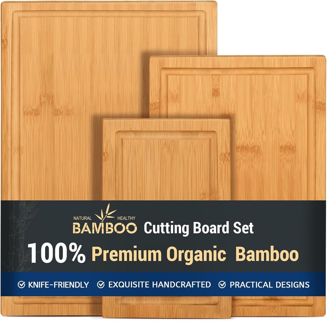 Hiware 3-piece Bamboo Cutting Boards for Kitchen, Heavy Duty Bamboo Cutting Board with Juice Groove, Wood Cutting Board Set for Meat, Vegetables