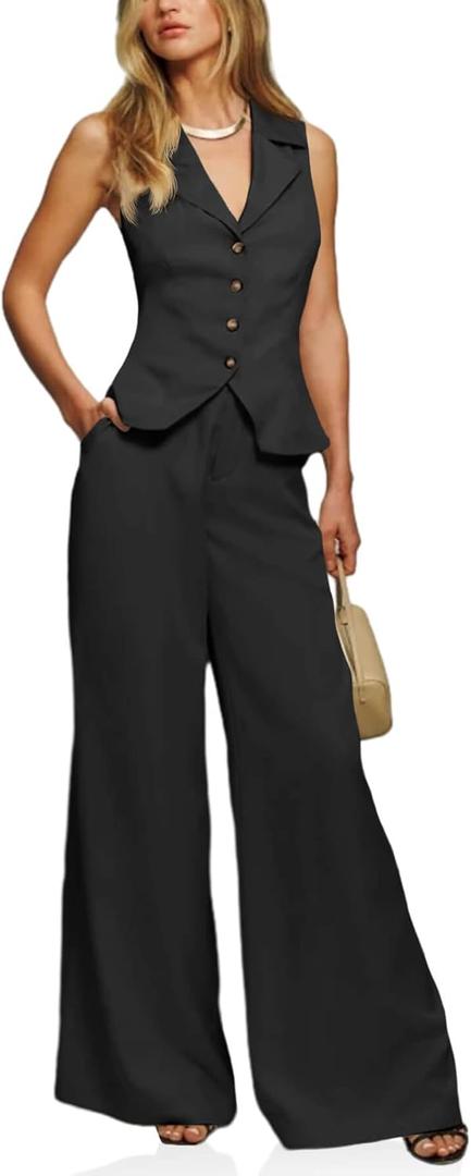 Cicy Bell Womens Vest Sets Summer 2 Piece Outfits Button Crop Blazer Vest and Wide Leg Pant Suits, Small