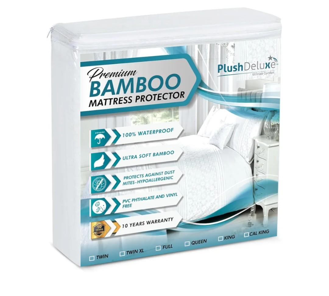 PlushDeluxe Premium Bamboo Mattress Protector – Queen Size, Waterproof, & Ultra Soft Breathable Noiseless Washable Bed Mattress Cover for Comfort & Protection - White