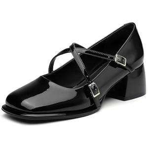 NEWBELLA Women's Retro Mary Janes - Patent Leather Chunky Heel Pumps with Cross Strap & Square Toe, Comfortable French Style Dress Shoes for Work & Daily Wear, Dark Black 10
