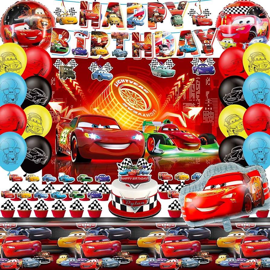 Cars Birthday Decorations, Cars Party Supplies Include Birthday Banner, Foil Balloons, Backdrop, Tablecloth, Cupcake Toppers, Hanging Swirls for Cars Theme Party Decorations