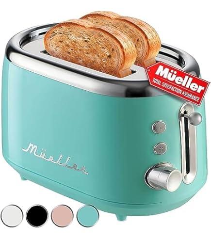 MÜELLERHOME Retro Toaster 2 Slice, 7 Browning Levels, 3 Functions (Reheat, Defrost, Cancel), Removable Crumb Tray, Under Base Cord Storage, Turquoise