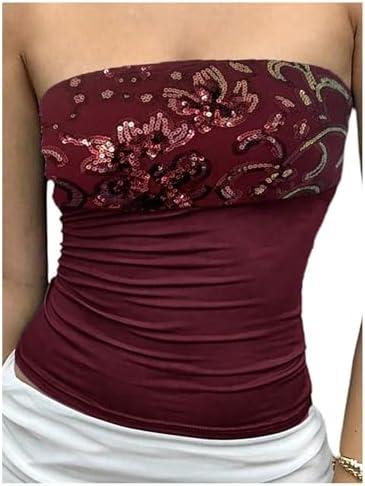OYOANGLE Women's Sequin Sparkly Sleeveless Tube Top Y2K Slim Fitted Bandeau Going Out Tops size XL