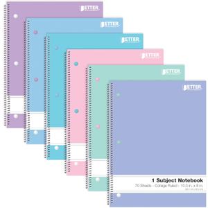 Better Office Products Spiral Notebooks, 6 Pack, 1 Subject, 70 Sheets, 10.5 x 8 inches, 6 Assorted Pastel Colors (College Ruled)