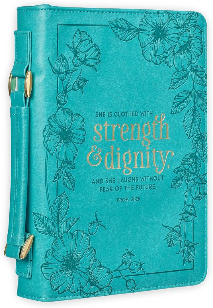Christian Art Gifts Women's Fashion Bible Cover Strength and Dignity Proverbs 31:25, Teal Faux Leather, XL (Extra Large)