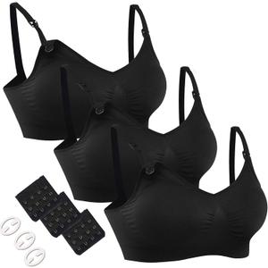 Women's Adjustable Seamless Nursing Bra Push Up Comfort Sleep Bralette Black, 3PCS/ Pack(Black), Medium
