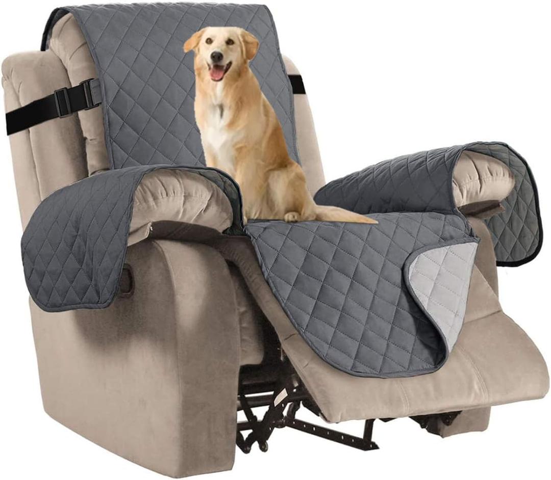 H.VERSAILTEX Reversible Quilted Recliner Covers Recliner Chair Cover Water Resistant Furniture Protector Washable Couch Cover with Elastic Straps for Kids, Pets (Recliner, Grey/Beige)