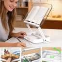 Book Stand for Reading, Acrylic Adjustable Book Holder with Book Page Holder, 360°Cookbook Stand with Storage for Kitchen Counter, Hands Free Recipe Book Holder for Textbook Cookbook, Clear