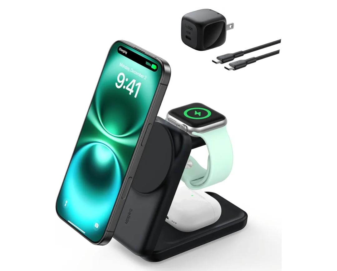 Belkin MagSafe Charger Compatible, 3-in-1 Charging Station, Qi2.2 25W Magnetic Wireless Charger Dock, Foldable Charging Stand for iPhone 17/16/15, Apple Watch, AirPods, Pixel 10 (45W Adapter Included)