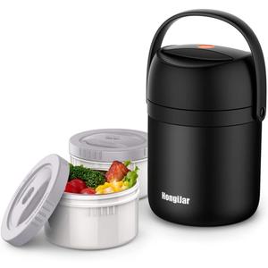 Insulated Food Jar 54oz, 6 Hours Cold Hot Food Lunch Box, Big 2 Tiers Stackable Thermal Containers, Leak-Proof Vacuum Soup Bendo Box Stainless Steel Layers Storage for Adults (Pewter Black)