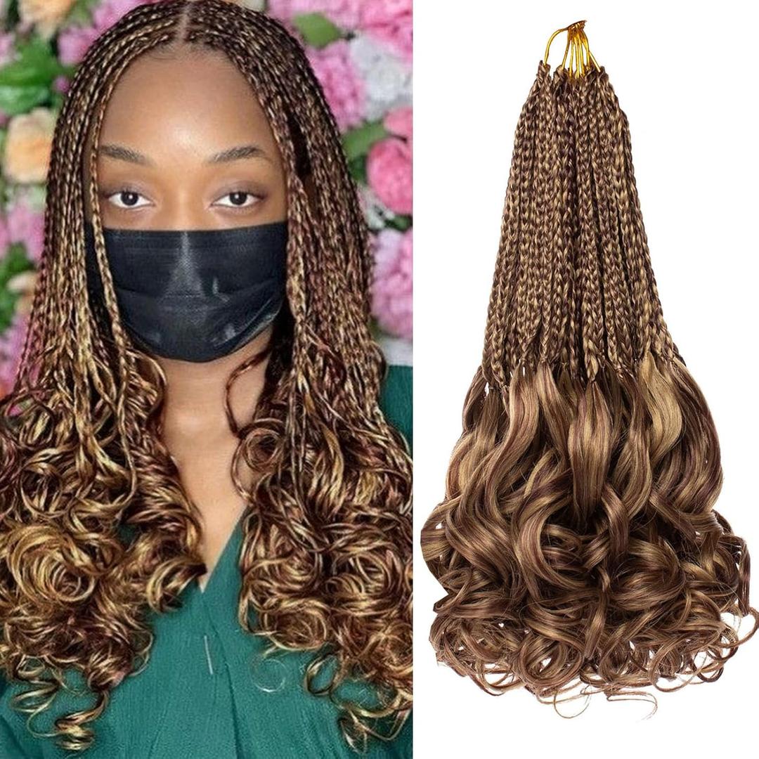 French Curl Crochet Braids 14 Inch 9 Packs Blond Mix Brown Goddess Box Braids with Curly Ends Pre Looped Synthetic Bohemian Braiding Hair for Women (#27M33)