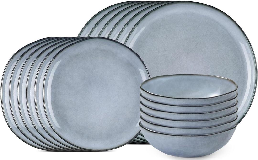 Herogo Stoneware Dinnerware Sets for 6, 18 Piece Ceramic Dinner Dishes Set, Irregular Handmade Plates and Bowls Dishware, Crack and Scratch Resistant, Reactive Glaze, Smoky Blue