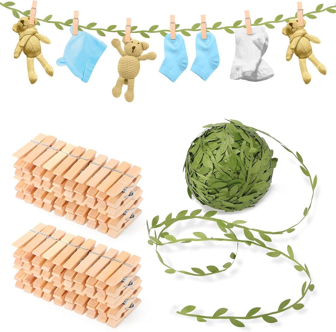 Leinuosen 101 Pcs 1.35 Inch Mini Clothespins with Leaf Ribbon for Photo, Artificial Vines Leaves Line and Wood Picture Clips Craft for Wild Jungle Baby Shower Birthday Party Decor (265 ft, Green)