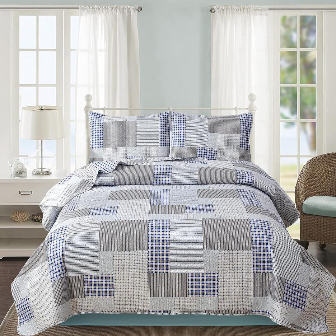 Plaid Ultra Lightweight Quilt Set Queen Size (90"x90") Blue Gray White Stripes Checkered Pattern Coverlet Bedding Sets Tartan Grid Reversible Bed Cover Sets for All Season Use,1 Quilt, 2 Pillow Shams