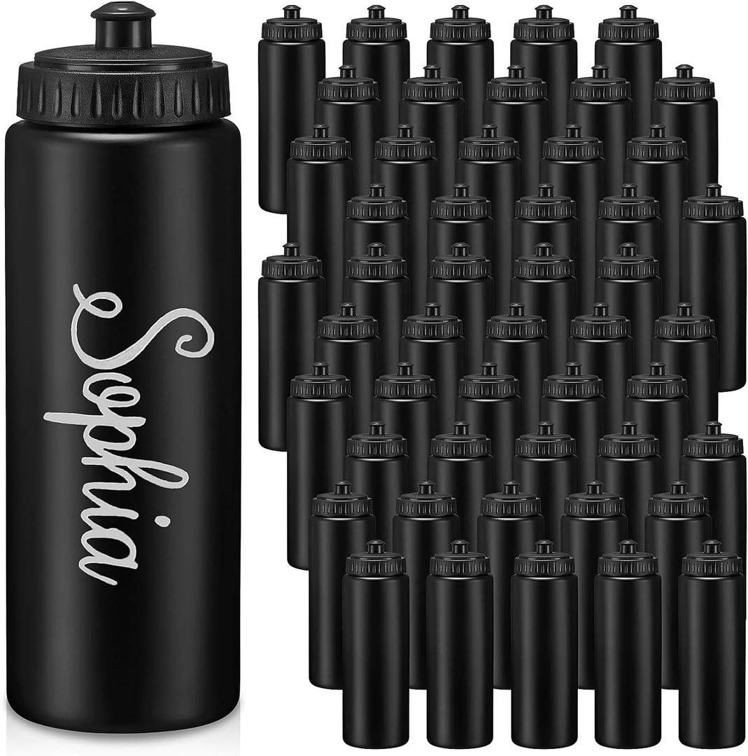 Dandat 50 Pack Reusable Water Bottles Bulk for Boy Adults 24oz Plastic Pull Top Cap Team Sports Bottles for Gym Football Cheer Party Favors(Black)