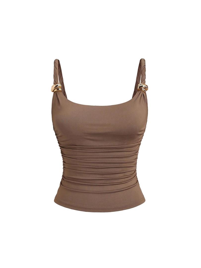 SOLY HUX Women's Sleeveless Cami Top Summer Spaghetti Strap Tank Shirts Ruched Elegant Fitted Camisole Pure Brown Medium (Brown, M)