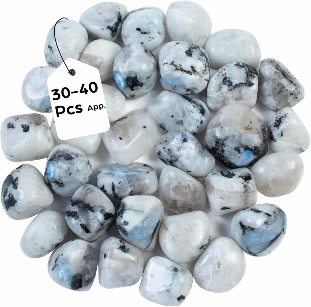 Crocon 1LB Rainbow moonstone tumbled stones and Crystals bulk 2000+ Carats natural Crystal Kit for Reiki Healing Crystal Polished, tumble stones, Chakra Balancing, Reiki Gift, Home Decor Size : 20mm (1 Pound, #02 Rainbow Moonstone Tumble)