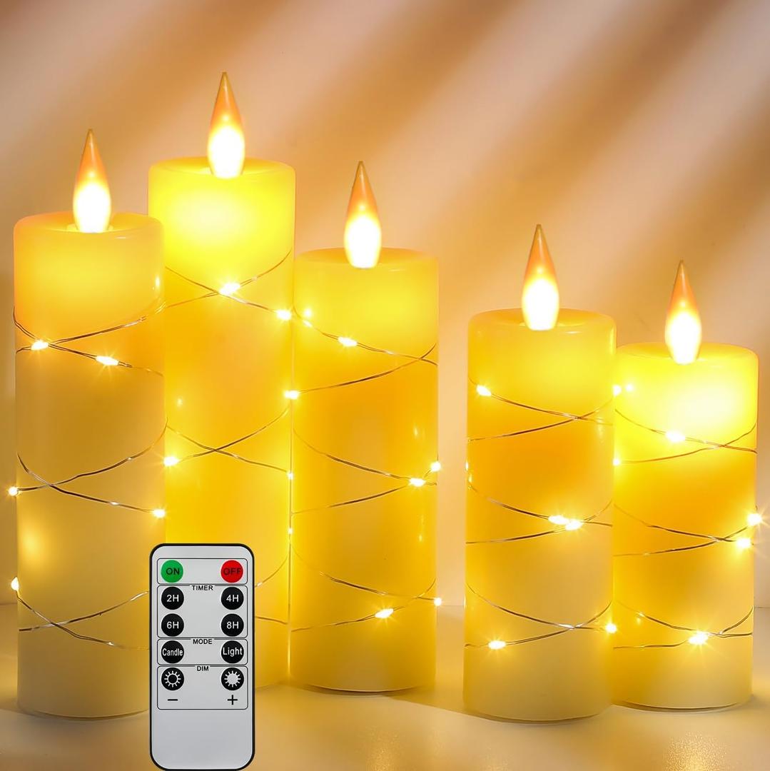 Da by Flickering Flameless Candles with String Lights, Battery Operated Candles with Remote and Timer, LED Pillar Candle Real Wax, 5 Pack-Ivory White 
