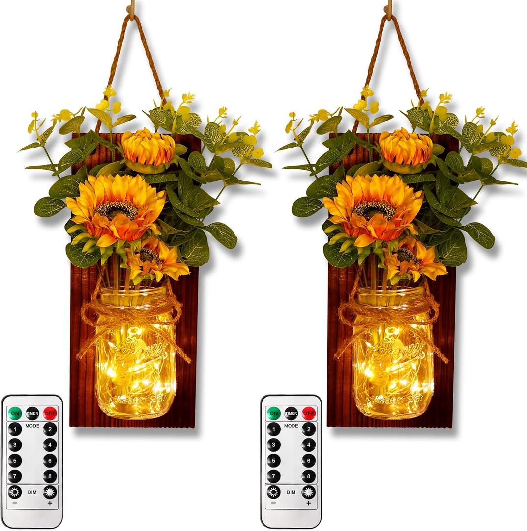 OurWarm Sunflower Wall Sconces Set of Two, Mason Jar Sconces Farmhouse Wall Decor Comes with Remote Control and Warm Toned LED Lights, Rustic Sunflower Decor for Home Kitchen Dining Room Living Room