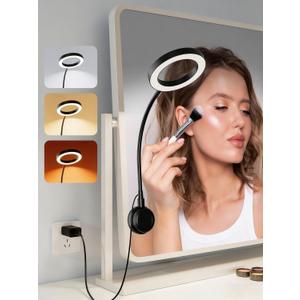 Suction Cup LED Vantiy Lights for Mirror, Flexible Gooseneck Stick on Selfie Ring Light for Makeup Vanity Table & Bathroom Mirror, 3 Color Modes & 10 Brightness, Plug in, Black (17"L x 4.7"W)