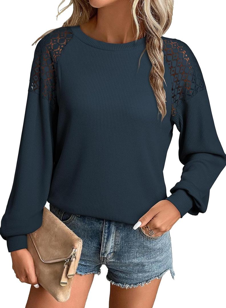 2 x EVALESS Womens Long Sleeve Tops Dressy Casual Crewneck Waffle Lace Patchwork Knit T Shirts Blouses Fall Fashion 2025 (Blue, M)