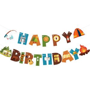 Camping Happy Birthday Banner Sign Camping Birthday Party Decorations Camping Birthday Party Supplies for Outdoor Hiking Camping Decorations Summer Camp Adventure Garland Banner