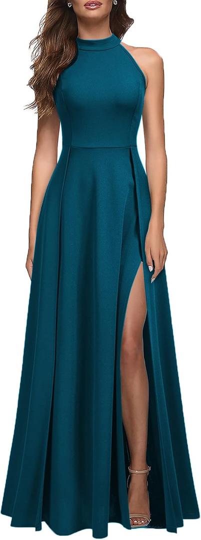 MUSHARE Women's Halter Neck Sexy Split Cocktail Party Maxi Long Formal Dress (Large, Teal Color)