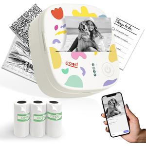 Mini Sticker Printer AHM2, Mini Thermal Printer with 3 Rolls Paper, Portable Bluetooth Inkless Printpods, Pocket Label Maker Suitable for Creative Kids DIY, Diaries, Photos, Study Notes -White