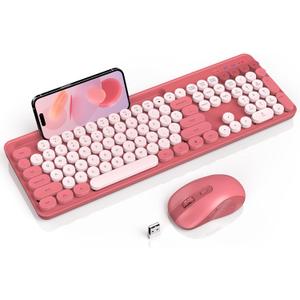Wireless Keyboard and Mouse Combo, Retro Round Keycap Typewriter Keyboard with Phone/Tablet Holder, Cute Colorful Keyboard for Windows/Computer/Laptop by SABLUTE (Pink)